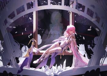 bare_shoulders bell black_shorts book boots chinese_commentary closed_eyes commentary_request crystal cup drinking_glass eden_(honkai_impact) elbow_gloves elysia_(herrscher_of_human:_ego)_(honkai_impact) elysia_(honkai_impact) falling_feathers feathers gloves hair_between_eyes high_heel_boots high_heels highres honkai_(series) honkai_impact_3rd legs long_hair mobius_(honkai_impact) open_book pardofelis pink_hair raiden_mei raiden_mei_(herrscher_of_thunder) shirt short_shorts shorts sitting sitting_on_object sky star_(sky) starry_sky thigh_strap veil very_long_hair white_boots white_gloves white_shirt white_veil wine_glass zirancike