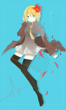 1girl black_thighhighs blonde_hair blue_eyes closed_mouth collared_shirt commentary_request flower frown grey_shirt hair_flower hair_ornament hand_up highres jacket kagamine_rin key271 maigo_life_(vocaloid) necktie off_shoulder open_clothes open_jacket pleated_skirt red_flower red_jacket shirt short_hair skirt solo thighhighs tie_clip vocaloid white_skirt yellow_necktie