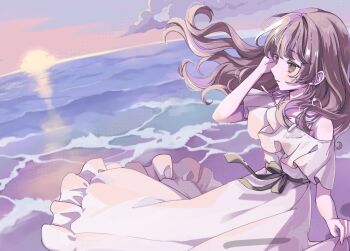 1girl bare_arms bare_shoulders beach black_ribbon blush brown_hair clothes_lift cloud dress dress_lift floating_hair frills from_side horizon long_dress long_hair looking_to_the_side nagitofuu ocean original outdoors purple_eyes ribbon sidelocks sky sleeveless sleeveless_dress solo standing sundress sunset upper_body water white_dress wind