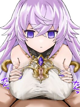 1boy 1girl breasts censored cleavage_cutout clothing_cutout emotionless_sex empty_eyes expressionless grabbing_own_breast grimms_notes hetero highres huge_breasts long_hair magic_mirror_(grimms_notes) mosaic_censoring paizuri paizuri_under_clothes penis pompurinpurin pov pov_crotch purple_eyes purple_hair simple_background solo_focus white_background