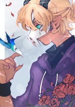 Rule 34 | 1boy, animal, animal skull, animification, anmitsu (anmitsu40919780), bird, blonde hair, blue eyes, border, chayanne, claws, commentary, dragon boy, dragon horns, drawstring, english commentary, expressionless, from side, hand up, hood, hood down, hoodie, horns, hummingbird, male focus, mask, minecraft youtube, personification, pointy ears, ponytail, purple hoodie, quackity smp, scar, short hair, short ponytail, skull mask, solo, upper body, white border