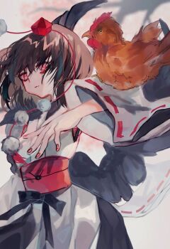 1girl animal_on_arm bird bird_on_arm black_wings brown_hair chicken commentary_request cowboy_shot feathered_wings fingernails hat japanese_clothes kimono kourindou_tengu_costume looking_at_viewer obi red_eyes red_hat red_nails red_sash ribbon-trimmed_sleeves ribbon_trim sash shameimaru_aya shinjitsu_no_kuchi short_hair solo tokin_hat touhou white_kimono wings