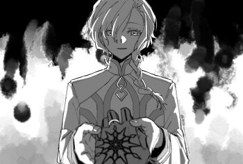 Rule 34 | 2boys, 3755km, absurdres, blurry, braid, chaldea logo, chaldea staff uniform, coat, commentary request, dark-skinned male, dark skin, depth of field, fate/grand order, fate (series), greyscale, hair between eyes, hair over shoulder, hand tattoo, highres, holding hands, jewelry, long hair, long sleeves, looking at viewer, male focus, marisbury animusphere, monochrome, multiple boys, parted bangs, parted lips, pov, pov hands, ring, single braid, smile, solo focus, solomon (fate), straight-on, tattoo, twitter username, upper body