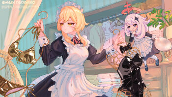 2girls alternate_costume apron bikini black_dress black_leotard black_shoes blonde_hair blue_eyes bow bowtie breasts closed_mouth clothes_hanger commentary_request crystal_hair_ornament dress enmaided floating folded_clothes genshin_impact gold_bikini halo hand_on_own_chin highres holding holding_clothes_hanger holding_unworn_clothes indoors juliet_sleeves kani_(mabatakishiro) leotard light_frown long_hair long_sleeves lumine_(genshin_impact) maid maid_apron maid_headdress matching_outfits medium_breasts multiple_girls neck_ribbon paimon_(genshin_impact) pantyhose parted_lips plant potted_plant puffy_sleeves ribbon shoes short_hair_with_long_locks smile swimsuit swimsuit_hanger twitter_username unworn_bikini unworn_bowtie unworn_leotard wardrobe white_apron white_hair white_headdress white_pantyhose yellow_eyes