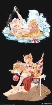 1girl absurdres arm_up artificial_eye bandaged_arm bandages bare_shoulders barefoot beach beach_umbrella bikini bird black_background black_bikini black_choker blonde_hair bottle bracelet breasts choker cleavage closed_mouth collarbone copyright_notice cui_pi_zha_xia_qiu damaged detached_leggings english_text european_robin feet fishnet_leggings fishnets from_side full_body girls&#039;_frontline goggles goggles_on_head grey_eyes gun hair_ornament hairclip highres holding holding_bottle holding_gun holding_weapon ice ice_cube jewelry leggings legs lifebuoy looking_at_viewer lying mechanical_eye medium_breasts medium_hair mouth_hold multiple_views nail_polish official_alternate_costume on_back orange_nails sand side_ponytail simple_background single_detached_legging single_fishnet_legwear sitting soles solo sterling_(girls&#039;_frontline) sterling_(melting_in_the_summer_heat)_(girls&#039;_frontline) sterling_smg submachine_gun swim_ring swimsuit toes torn_bikini torn_clothes torn_leggings torn_swimsuit umbrella v water water_bottle watermark weapon weibo_username weibo_watermark wet wet_face