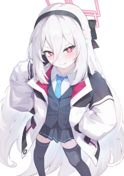 Rule 34 | 1girl, absurdres, black hairband, black jacket, black skirt, black thighhighs, blue archive, blue necktie, blush, breasts, closed mouth, collared shirt, commentary request, feet out of frame, hair between eyes, hairband, halo, hands on own hips, highres, jacket, kei (blue archive), kei (new body) (blue archive), long hair, long hair between eyes, looking at viewer, necktie, nm hao, pink halo, pleated skirt, rectangular halo, shirt, simple background, skirt, smile, solo, thighhighs, very long hair, white background, white hair, white shirt