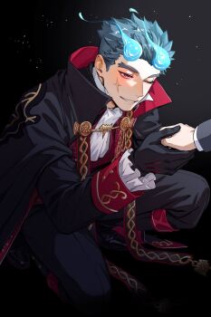1boy 1other aiguillette black_cape black_eyes black_gloves black_hair black_pants black_shoes black_suit blue_fire cape dress_shoes facial_scar fiery_horns fire formal_clothes frilled_shirt frills fructua_kk gloves halloween highres holding_hands horns kneeling male_focus official_alternate_costume one_eye_closed pants red_cape sakimori_toji scar scar_on_cheek scar_on_face shirt shoes simple_background smile solo spiked_hair suit thick_eyebrows tokyo_houkago_summoners two-tone_cape white_shirt