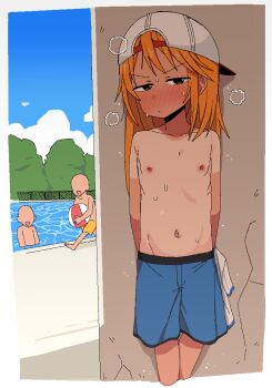 1girl 2boys backwards_hat baseball_cap blue_male_swimwear blue_swim_trunks blush crossdressing crossdressing_(ftm) exhibitionism feet_out_of_frame flat_chest hat hiding idolmaster idolmaster_cinderella_girls lakilolom loli long_hair looking_at_viewer male_swimwear male_swimwear_challenge multiple_boys navel nipples orange_hair pool public_indecency steam steaming_body sweat swim_trunks swimsuit topless_female yuuki_haru