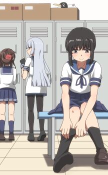 3girls absurdres black_hair black_socks blue_neckerchief blue_sailor_collar blue_skirt blunt_bangs blunt_ends brown_eyes dress dressing failure_penguin folded_ponytail fubuki_(kancolle) full_body grey_hair highres inazuma_(kancolle) kantai_collection locker locker_room long_hair multiple_girls murakumo_(kancolle) neckerchief pleated_skirt sailor_collar sailor_dress school_uniform serafuku sidelocks skirt socks solo_focus sosorin white_dress