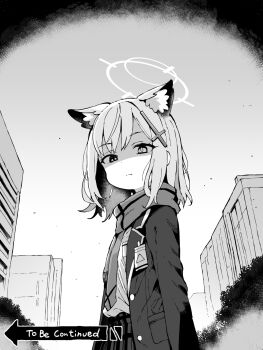 1girl animal_ear_fluff animal_ears blue_archive closed_mouth cross_hair_ornament greyscale hair_ornament halo highres jacket looking_at_viewer medium_hair monochrome necktie open_clothes open_jacket outdoors scarf shaded_face shiroko_(blue_archive) shirt skirt solo to_be_continued wolf_ears yuuji_overall