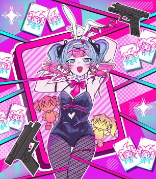 3girls akita_neru animal_ears bare_shoulders black_leotard blue_eyes blue_hair blunt_bangs bow bowtie card cellphone chibi clothing_cutout commentary cuffs cutout_above_navel detached_collar english_commentary fake_animal_ears fishnet_pantyhose fishnets gradient_hair gun hair_ornament halftone halftone_background handcuffs hatsune_miku heart heart-shaped_pupils heart_cutout highres joker_(playing_card) kasane_teto leotard long_hair looking_at_viewer multicolored_hair multiple_girls necktie neon_palette pantyhose phone pink_bow pink_bowtie pink_hair pink_necktie pink_pupils playboy_bunny playing_card rabbit_ears rabbit_hole_(vocaloid) ribbon saor186 short_necktie smartphone smile solo_focus symbol-shaped_pupils teardrop_facial_mark twintails wavy_hair weapon x_hair_ornament x_x