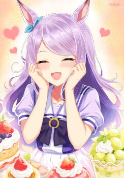 Rule 34 | 1girl, ^ ^, absurdres, animal ears, aqua bow, birthday, blush, bow, bowtie, cake, closed eyes, commentary request, cream, cup, drinking glass, ear bow, food, hands on own cheeks, hands on own face, happy birthday, highres, horse ears, horse girl, horseshoe ornament, long hair, mejiro mcqueen (umamusume), open mouth, parfait, puffy short sleeves, puffy sleeves, purple hair, purple sailor collar, purple shirt, sailor collar, sailor shirt, school uniform, shirt, short sleeves, skirt, smile, solo, swept bangs, tracen school uniform, umamusume, white bow, white bowtie, white skirt, ya-ya