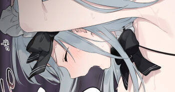 1girl arm_up armpits bare_shoulders black_bow black_bowtie blue_hair blush bow bowtie breasts cleavage close-up closed_mouth commentary_request from_side fujiyama hair_bow implied_sex large_breasts long_hair long_sidelocks maid maid_headdress open_mouth original portrait profile sex sidelocks solo sound_effects sweat