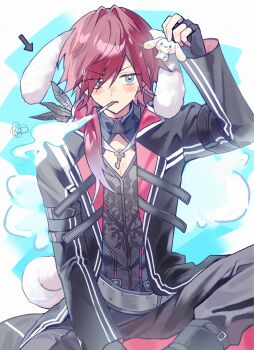 1boy animal_ears arm_between_legs arm_up black_jacket blush cigarette cinnamoroll cleavage_cutout clothing_cutout commentary feathers fuwa_fuwa_cinnamoroll green_eyes hair_between_eyes highres jacket jewelry key key_necklace lauren_iroas lauren_iroas_(1st_costume) long_hair long_sleeves looking_at_viewer male_focus necklace nijisanji open_clothes open_jacket ponytail red_hair sanrio side_ponytail smoking solo sweatdrop symbol-only_commentary toya07144 virtual_youtuber