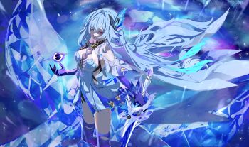 Rule 34 | 1girl, absurdres, azurelight (genshin impact), blue hair, breasts, dress, floating hair, from above, genshin impact, grey dress, hashtag-only commentary, highres, holding, holding sword, holding weapon, long hair, looking at viewer, medium breasts, mochi upamo, object floating above hand, open mouth, purple hands, purple thighhighs, red eyes, skirk (genshin impact), solo, sword, thighhighs, weapon