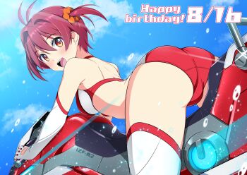 Rule 34 | 1girl, absurdres, ass, blue sky, buruma, cloud, commentary request, driving, elbow gloves, from behind, gloves, happy birthday, highres, isshiki akane, looking at viewer, looking back, motor vehicle, motorcycle, nonbe, orange eyes, red buruma, red hair, red sports bra, short hair, sky, solo, sports bikini, sports bra, thighhighs, two side up, vividred operation, white gloves, white thighhighs
