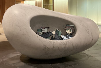 Rule 34 | 1girl, book, book on head, book stack, brown hair, green eyes, highres, holding, holding book, indoors, kneehighs, light smile, lying, object on head, on back, photo background, pile of books, pleated skirt, reading, sailor collar, school uniform, serafuku, shimeji simulation, skirt, socks, solo, tsukumizu yuu, yomikawa (shimeji simulation)