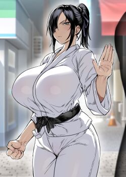 1girl absurdres belt black_belt blurry blurry_background breasts clenched_hand closed_mouth commentary_request cowboy_shot dougi hair_over_one_eye high_ponytail highres huge_breasts karate martial_arts_belt open_hand original outdoors pants parted_bangs ponytail sidelocks solo standing traffic_cone uwagi white_pants yesman_(cvbnyesman)