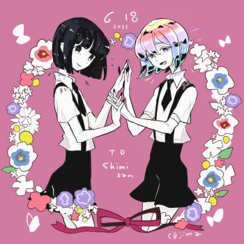 Rule 34 | 2others, androgynous, artist name, bare arms, black eyes, black hair, black nails, black necktie, black shorts, black suspenders, blue flower, closed mouth, cojima, collared shirt, colored skin, commentary request, cropped legs, diamond (houseki no kuni), elbow gloves, english text, flower, gem uniform (houseki no kuni), gloves, glowing, glowing hair, holding hands, houseki no kuni, leaf, looking at viewer, matching hairstyle, multicolored eyes, multicolored hair, multiple others, necktie, obsidian (houseki no kuni), other focus, pink background, pink flower, pink ribbon, purple flower, rainbow eyes, rainbow hair, ribbon, shirt, short hair, short sleeves, shorts, smile, suspender shorts, suspenders, white flower, white gloves, white shirt, white skin