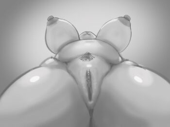1girl :3 animal_nose belly breasts clitoris commentary english_commentary female_pubic_hair from_below furry greyscale highres large_breasts monochrome original perky_breasts plump pointy_breasts pubic_hair pussy solo swaggybuggy thighs uncensored urethra