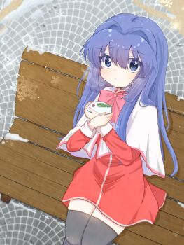 1girl bench black_thighhighs blue_eyes blunt_ends blush bow bowtie breath capelet closed_mouth cold commentary_request cowboy_shot crossed_arms day dress eyes_visible_through_hair hair_between_eyes hair_intakes hands_up highres holding kanon konomi_(konomi00e) leaf long_hair long_sleeves looking_at_viewer minase_nayuki on_bench outdoors park_bench pink_bow pink_bowtie red_dress school_uniform short_dress sidelocks sitting snow snow_rabbit snowing solo thighhighs twitter_username very_long_hair white_capelet winter zettai_ryouiki