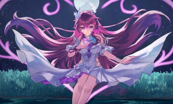 1girl absurdres bare_shoulders breasts clothing_cutout commentary_request cyrene_(honkai:_star_rail) cyrene_(ripples_of_past_reverie)_(honkai:_star_rail) detached_sleeves diamond-shaped_pupils diamond_(shape) dress full_moon halo highres honkai:_star_rail honkai_(series) large_breasts long_hair looking_at_viewer moon night night_sky outdoors pink_hair pointy_ears purple_eyes side_cutout sky solo star_(sky) starry_sky symbol-shaped_pupils tapume very_long_hair white_dress