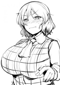 Rule 34 | 1girl, ascot, blush, breasts, closed mouth, collared shirt, commentary request, frown, greyscale, huge breasts, kazami yuuka, long sleeves, looking at viewer, monochrome, nose blush, plaid clothes, plaid vest, sadahiro (chicken nugget gyuuniku aji), shirt, short hair, simple background, solo, touhou, trembling, upper body, v-shaped eyebrows, vest, wavy mouth