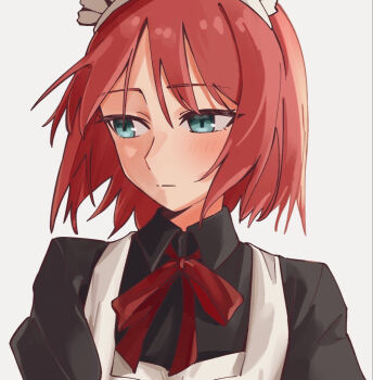 1girl apron black_dress blue_eyes blush closed_mouth commentary_request dress floating_hair grey_background hisui_(tsukihime) maid maid_apron maid_headdress neck_ribbon red_hair red_ribbon ribbon short_hair simple_background solo toshigorou_(xjcm7478) tsukihime white_apron