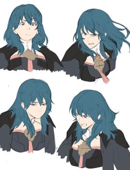 1girl absurdres angry annoyed blue_hair blush breasts clenched_teeth confused female_byleth_(fire_emblem) fire_emblem fire_emblem:_three_houses half-closed_eyes highres medium_breasts medium_hair multiple_expressions nintendo open_mouth pomelomelon raised_eyebrow shouting teeth white_background