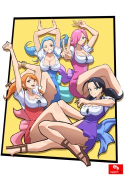 2025 4girls alternate_color aqua_hair arms_up artist_name bangle black_hair blue_eyes bracelet breasts cleavage commentary curly_eyebrows double_v egg_tart_art frilled_sleeves frills hair_over_one_eye high_heel_sandals high_heels highres jewelry log_pose looking_at_viewer multiple_girls nami_(one_piece) nami_(one_piece)_(cosplay) nami_(one_piece)_(whole_cake_island) nefertari_vivi nico_robin official_alternate_costume one_piece orange_eyes orange_hair pink_hair sandals shirt short_sleeves sidelocks smile twintails v vinsmoke_reiju watermark white_shirt