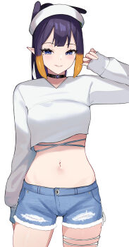 1girl absurdres alternate_hairstyle black_choker blue_eyes blue_shorts center-flap_bangs choker commentary cowboy_shot crop_top cropped_shirt denim denim_shorts english_commentary gradient_hair grin hand_up highres hololive hololive_english ku_roiko long_hair looking_at_viewer midriff mole mole_under_eye multicolored_hair navel ninomae_ina&#039;nis official_alternate_costume orange_hair pointy_ears purple_hair shirt short_shorts shorts sidelocks simple_background sleeves_past_wrists smile solo standing straight-on tentacle_hair torn_clothes torn_shorts v-neck virtual_youtuber white_background white_shirt