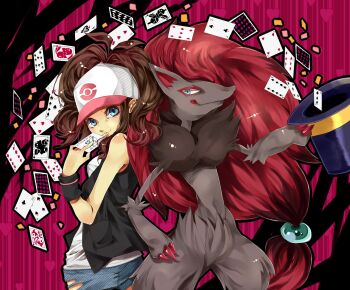 10s 1girl ace_(playing_card) ace_of_clubs ace_of_spades baseball_cap blue_eyes brown_hair bulbasaur cameo card chikorita chimchar club_(shape) clubs diamonds floating_card gen_1_pokemon gen_2_pokemon gen_3_pokemon gen_4_pokemon gen_5_pokemon hainegom hair_ornament hat heart highres hilda_(pokemon) holding holding_card jack_(playing_card) jack_of_clubs jack_of_clubs_(playing_card) janis_(hainegom) joker_(playing_card) king_(playing_card) king_of_spades magic mudkip nintendo oshawott playing_card pokemon pokemon_(creature) pokemon_bw ponytail queen_(playing_card) queen_of_diamonds queen_of_hearts_(alice_in_wonderland) queen_of_hearts_(playing_card) queen_of_spades_(playing_card) red_hair spade spade_(shape) sphere_hair_ornament top_hat wristband zoroark