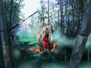 1girl artist_name bamboo bamboo_forest bow forest fujiwara_no_mokou hair_bow highres long_hair nature oftooon outdoors pants red_pants shirt signature solo suspenders touhou very_long_hair walking white_background white_hair white_shirt