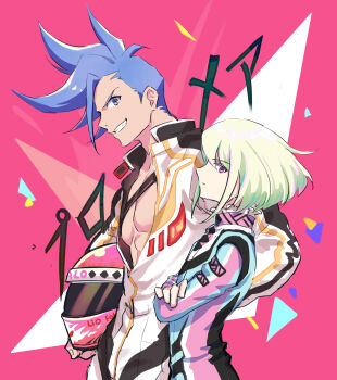 Rule 34 | 2boys, adam's apple, bare pectorals, biker clothes, bikesuit, blue eyes, blue hair, bodysuit, closed mouth, crossed arms, from side, galo thymos, green hair, grin, helmet, highres, holding, holding unworn helmet, lalatia-meai, lio fotia, male focus, motorcycle helmet, multiple boys, pectorals, promare, short hair, sideburns, smile, toned, toned male, unworn helmet