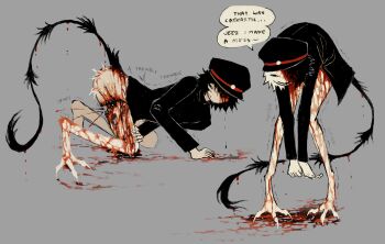 1boy black_hair black_hat black_jacket black_shirt black_tail blood blood_on_leg blood_splatter english_text grey_background guro hat highres injury jacket jejejunum leaning_forward missing_eye original pool_of_blood shirt short_hair simple_background standing trembling