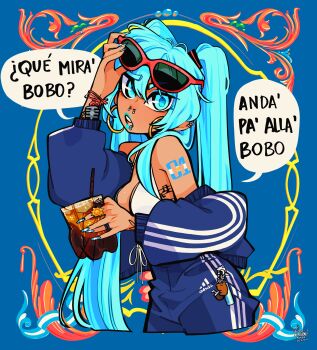 1girl absurdres adidas animal_charm aqua_eyes aqua_eyeshadow aqua_hair aqua_lips argentina argentinian_flag argentinian_flag_print argentinian_miku bare_shoulders bikini bikini_top_only blue_background blue_track_suit charm_(object) cropped_legs cup ear_cuffs ear_piercing earrings eyeshadow eyewear_on_head face_piercing fernet_con_coca flag_print hatsune_miku highres holding holding_cup hoop_earrings jewelry lip_piercing lip_ring long_hair looking_at_viewer makeup multiple_rings mypillowpaper nail_polish nose_piercing nose_ring number_tattoo open_cleavage piercing ring signature solo spanish_text speech_bubble stuffed_capybara swimsuit tan tattoo track_suit twintails very_long_hair vocaloid worldwide_miku