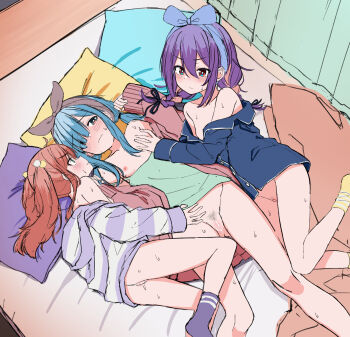 3girls absurdres ankle_socks aqua_eyes black_ribbon blanket blue_bow blue_eyes blue_hair blue_hairband blue_jacket blue_pajamas blush bottomless bow bow_hairband bright_pupils brown_hair camisole camisole_pull cardigan censored cleft_of_venus closed_mouth clothes_pull commentary_request double-parted_bangs embarrassed eyes_visible_through_hair female_pubic_hair fff_threesome flat_chest futon green_camisole group_sex hair_between_eyes hair_ornament hair_over_one_eye hair_ribbon hairband head_on_pillow highres hood hoodie jacket long_bangs long_hair long_sidelocks long_sleeves looking_at_another lying medium_hair multicolored_hair multiple_girls naked_hoodie naked_jacket no_shoes off_shoulder on_back on_side open_cardigan open_clothes orange_streaks original pajamas petite pillow pink_cardigan pom_pom_(clothes) pom_pom_hair_ornament pubic_hair purple_hair purple_socks pussy pussy_juice raised_inner_eyebrows ribbon scribble_censor sidelocks sketch smile socks strap_slip streaked_hair striped_clothes striped_hoodie sweat threesome twintails urushiushiru v-shaped_eyebrows wavy_mouth white_pupils yellow_socks yuri