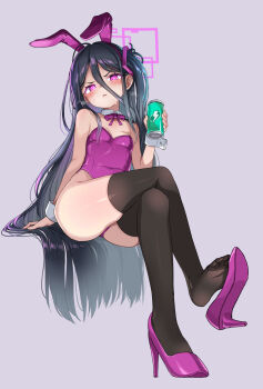 :&lt; alternate_costume animal_ear_hairband animal_ears aris_(blue_archive) bare_arms bare_shoulders black_hair black_thighhighs blue_archive bow bowtie breasts can closed_mouth crossed_legs detached_collar drink_can energy_drink fake_animal_ears feet furrowed_brow hair_between_eyes hair_over_shoulder hairband half-closed_eyes halo hand_up highleg highleg_leotard highres holding holding_can kei_(blue_archive) leotard loli long_hair long_hair_between_eyes looking_at_viewer neck_ribbon pink_eyes pink_hairband pink_halo pink_leotard pink_ribbon pink_shoes playboy_bunny rabbit_ears rectangular_halo ribbon ringed_eyes shoe_dangle shoes side_ponytail simple_background small_breasts soles strapless strapless_leotard sweatdrop thighhighs thighs toes very_long_hair white_background wrist_cuffs zaxwu zettai_ryouiki