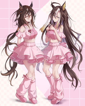 2girls animal_ears brown_tail dream_journey_(umamusume) full_body glasses highres horse_ears horse_girl horse_tail multiple_girls official_alternate_costume pink_skirt skirt smile stay_gold_(umamusume) tail umamusume yue_(lov_n_n)