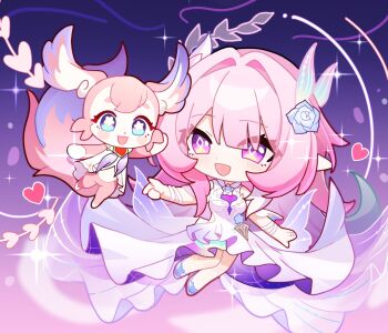 1girl :d breasts chibi chibi_only commentary cyrene_(honkai:_star_rail) cyrene_(ripples_of_past_reverie)_(honkai:_star_rail) diamond-shaped_pupils diamond_(shape) dress dual_persona flower hair_flower hair_intakes hair_ornament highres honkai:_star_rail honkai_(series) long_hair medium_breasts mem_(honkai:_star_rail) open_mouth pink_hair pointy_ears purple_eyes purple_flower purple_rose rose smile symbol-shaped_pupils user_jssa2257 white_dress