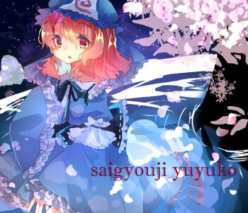 1girl black_ribbon blue_hat blue_kimono character_name cherry_blossoms commentary_request cowboy_shot frilled_sleeves frills hat japanese_clothes kimono looking_at_viewer medium_hair mob_cap neck_ribbon one-hour_drawing_challenge open_mouth pink_eyes pink_hair purple_background ribbon saigyouji_yuyuko shinjitsu_no_kuchi touhou triangular_headpiece wide_sleeves