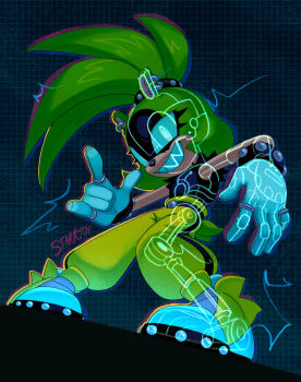 1girl animal_ears black_shirt commentary cyborg english_commentary full_body furry furry_female gloves green_fur grin highres pants shirt sleeveless sleeveless_shirt smile solo sonic_(series) sonic_the_hedgehog_(idw) standing starrjoy surge_the_tenrec white_gloves yellow_pants