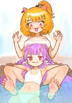 2girls animal_ears armpits bare_shoulders bikini blush breasts cow_ears double_bun ear_piercing eimi_isami feet flat_chest hair_bun hair_ornament hairclip hamster_ears horns loli long_hair medium_breasts mole multiple_girls muu_muyu navel open_mouth orange_hair partially_submerged phase_connect piercing pink_eyes purple_hair short_hair soles spread_legs sussynano swimsuit virtual_youtuber water yuri