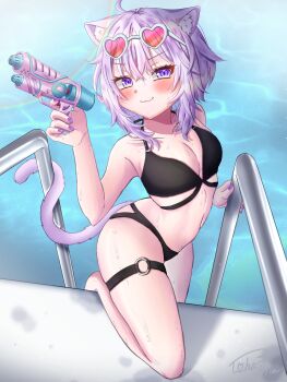 1girl absurdres animal_ear_fluff animal_ears bare_shoulders bikini black_bikini blush breasts cat_ears cat_girl cat_tail cleavage closed_mouth collarbone commentary_request fingernails heart heart-shaped_eyewear highres holding holding_water_gun hololive looking_at_viewer medium_breasts nail_polish nekomata_okayu o-ring o-ring_thigh_strap poolside purple_eyes purple_hair purple_nails smile swimsuit tail thigh_strap thighs toha_iria water_gun