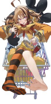 1girl absurdres blush brown_hair chips_(food) commentary english_commentary feet fingernails food full_body gigi_murin gigi_murin_(1st_costume) highres hololive hololive_english in_shopping_cart jacket long_hair long_sleeves multicolored_hair open_mouth pink_eyes potato_chips shopping_cart single_thighhigh solo starshell striped_clothes striped_thighhighs teeth thighhighs toenails two-tone_hair upper_teeth_only virtual_youtuber