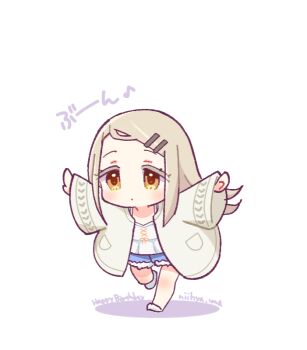 1girl chibi coat commentary_request expressionless full_body gakuen_idolmaster grey_hair happy_birthday idolmaster long_hair mopiwo open_clothes open_coat orange_eyes outstretched_arms shinosawa_hiro shorts solo spread_arms standing standing_on_one_leg