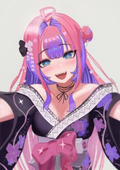 Rule 34 | 1girl, absurdres, ahoge, black bow, blue eyes, bow, breasts, cleavage, floral print, flower, hair flower, hair ornament, highres, hololive, japanese clothes, kikirara vivi, kikirara vivi (new year), kimono, long hair, medium breasts, mfcrossfire, multicolored hair, official alternate costume, open mouth, pink hair, reaching, reaching towards viewer, self-upload, smile, solo, streaked hair, very long hair, virtual youtuber