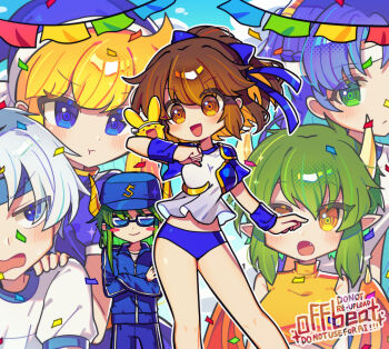 Rule 34 | 2boys, 4girls, arle nadja, artist name, black-framed eyewear, blonde hair, blue bow, blue buruma, blue hair, blue hat, blue jacket, blue pants, blush, bow, breasts, brown eyes, buruma, carbuncle (puyopuyo), character request, commentary request, crossed arms, draco centauros, dragon girl, dragon horns, dragon wings, green eyes, green hair, grey hair, gym uniform, hair bow, hand on another's shoulder, hat, horns, jacket, large breasts, long hair, multiple boys, multiple girls, navel, offbeat, open mouth, pants, ponytail, puyopuyo, satan (puyopuyo), schezo wegey, shirt, short hair, short ponytail, short sleeves, sidelocks, smile, sunglasses, white shirt, wings, witch (puyopuyo)