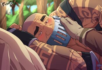 Rule 34 | 2boys, absurdres, bara, blush, couple, day, hand on another's face, helmet grill, highres, large pectorals, looking at viewer, lustful desires, male focus, mature male, multiple boys, muscular, muscular male, pectorals, pov, pov adoring, pov hands, shaved head, shoulder tattoo, smile, solo focus, stang artad, sunlight, tank (lustful desires), tattoo, upper body, waking up, wrinkled skin, yaoi