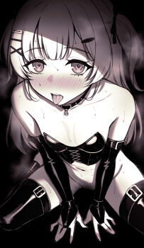 1girl bang_dream! bang_dream!_our_notes bdsm blush bottomless breasts bridal_gauntlets collar commentary deras english_commentary greyscale hair_ornament hairclip highres loli long_hair monochrome navel open_mouth saliva shinomiya_shizuku slave small_breasts solo thighhighs tongue tongue_out two_side_up